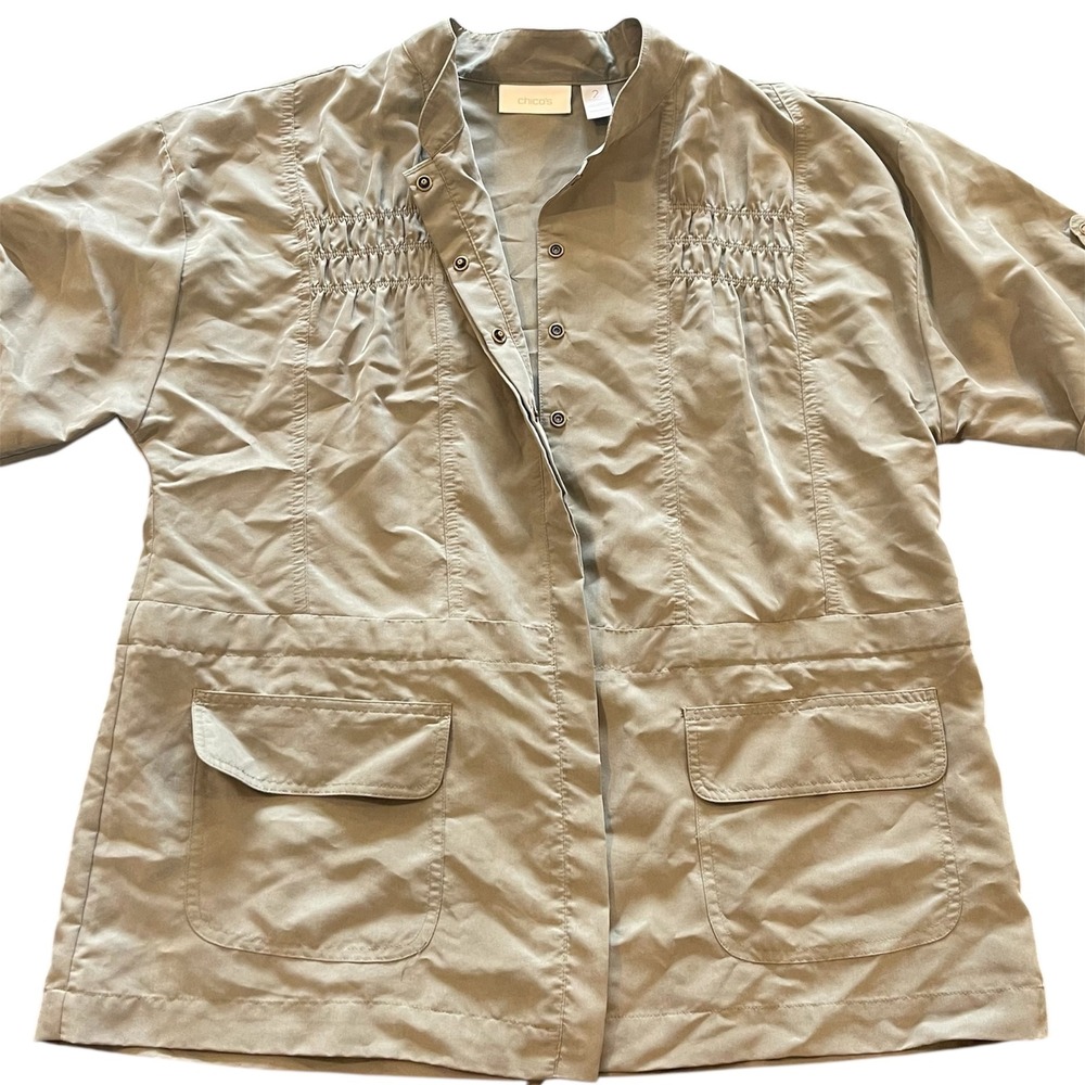 Chicos Women's Safari Style Jacket Top Snap Button Up Drawstring Waist Size L